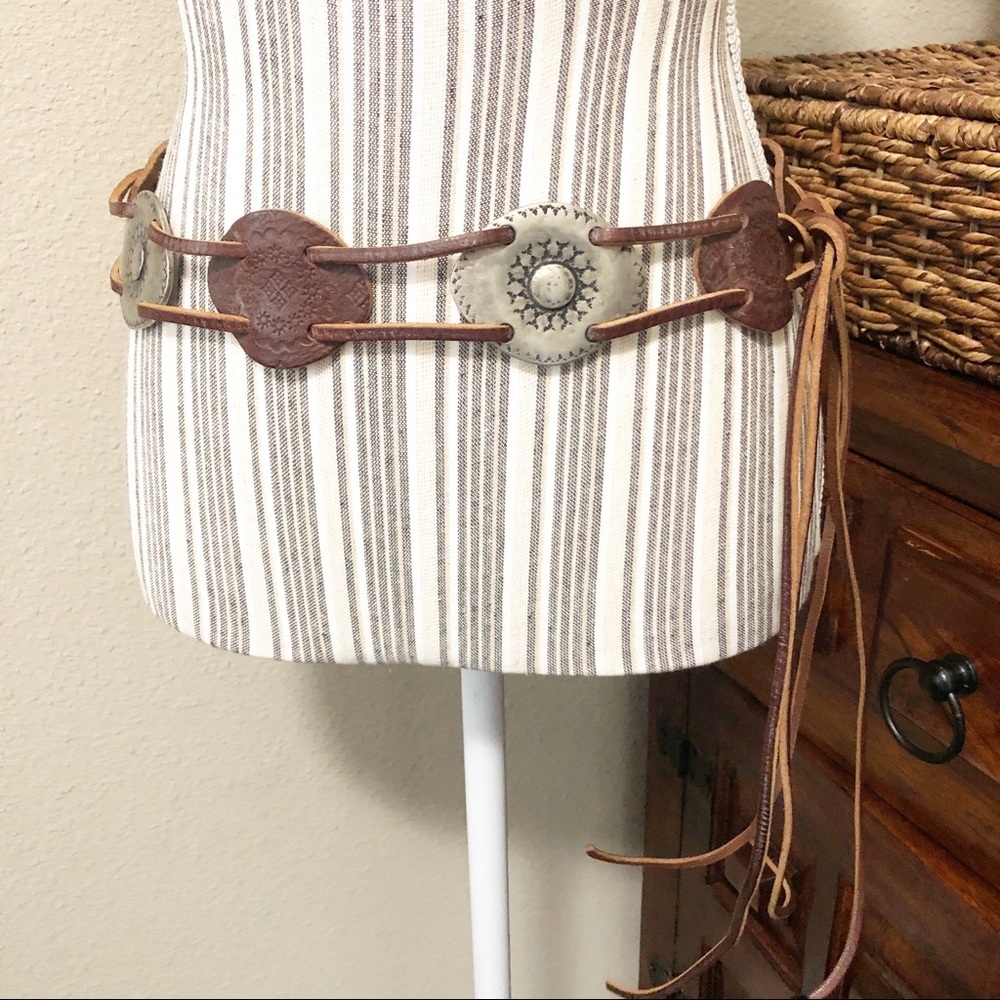Vintage ITALY Express Boho Silver Concho Belt Brown Artisan
